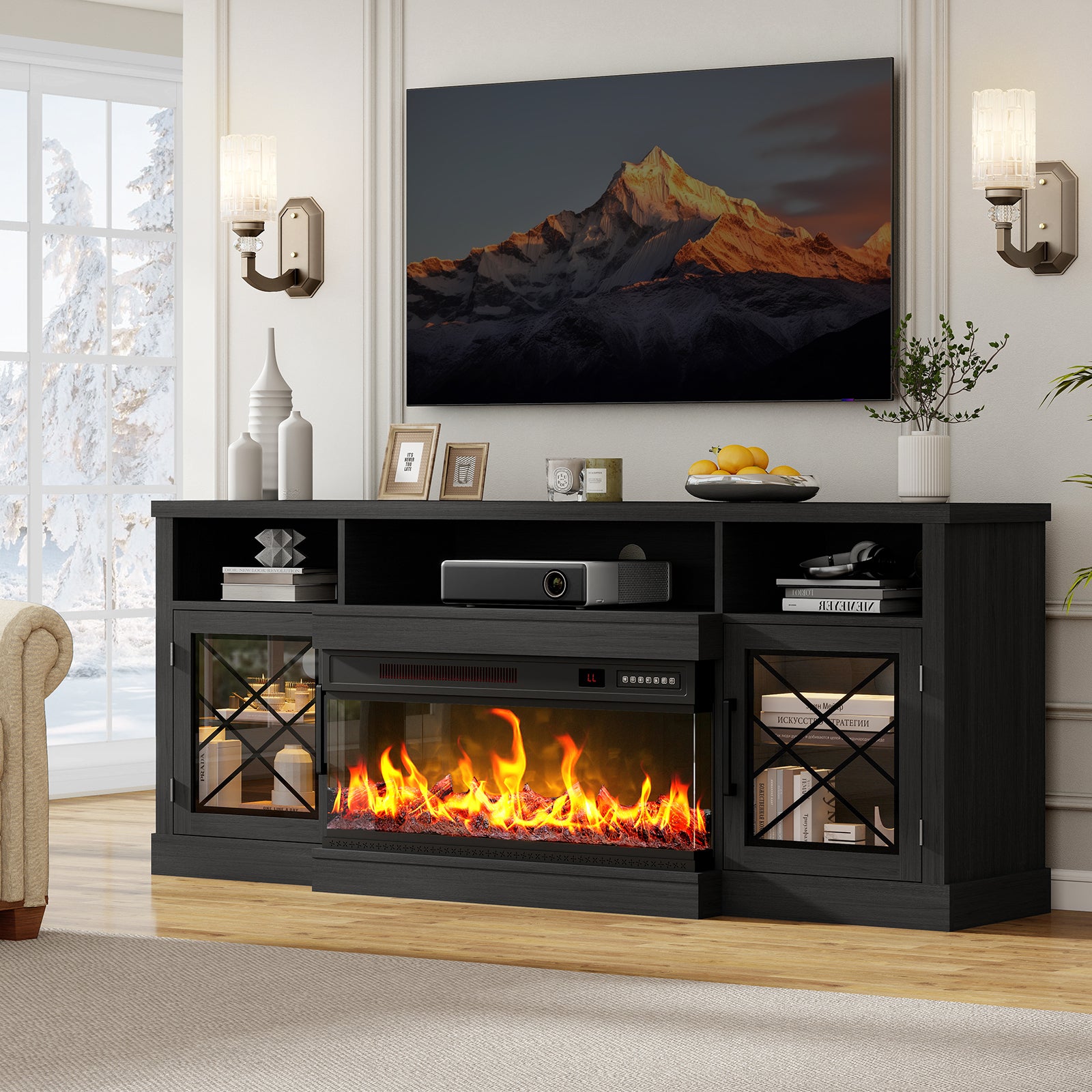 3-Sided TV STAND WITH FIREPLACE