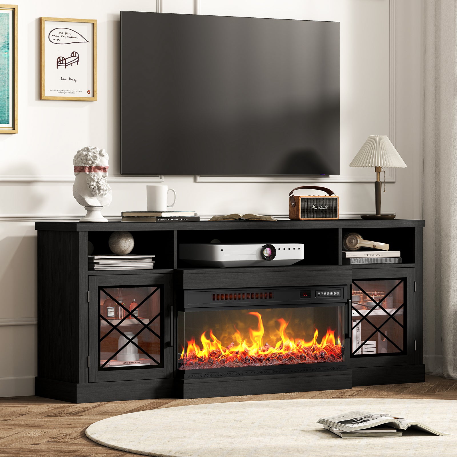 3-Sided TV STAND WITH FIREPLACE