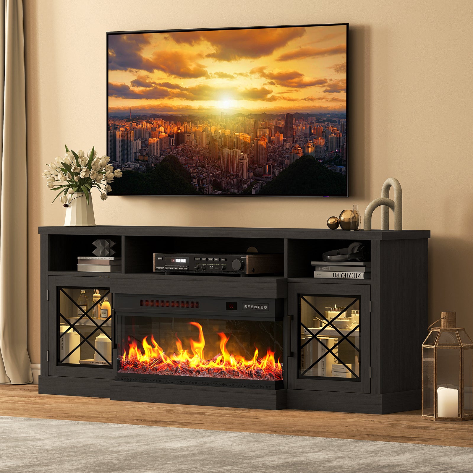 3-Sided TV STAND WITH FIREPLACE