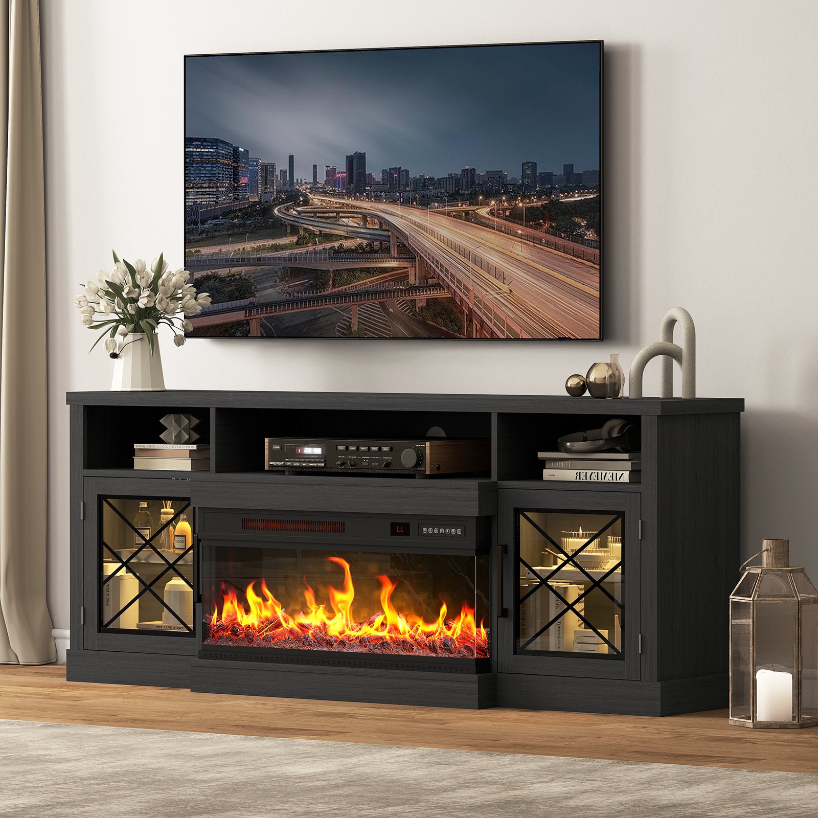 3-Sided TV STAND WITH FIREPLACE